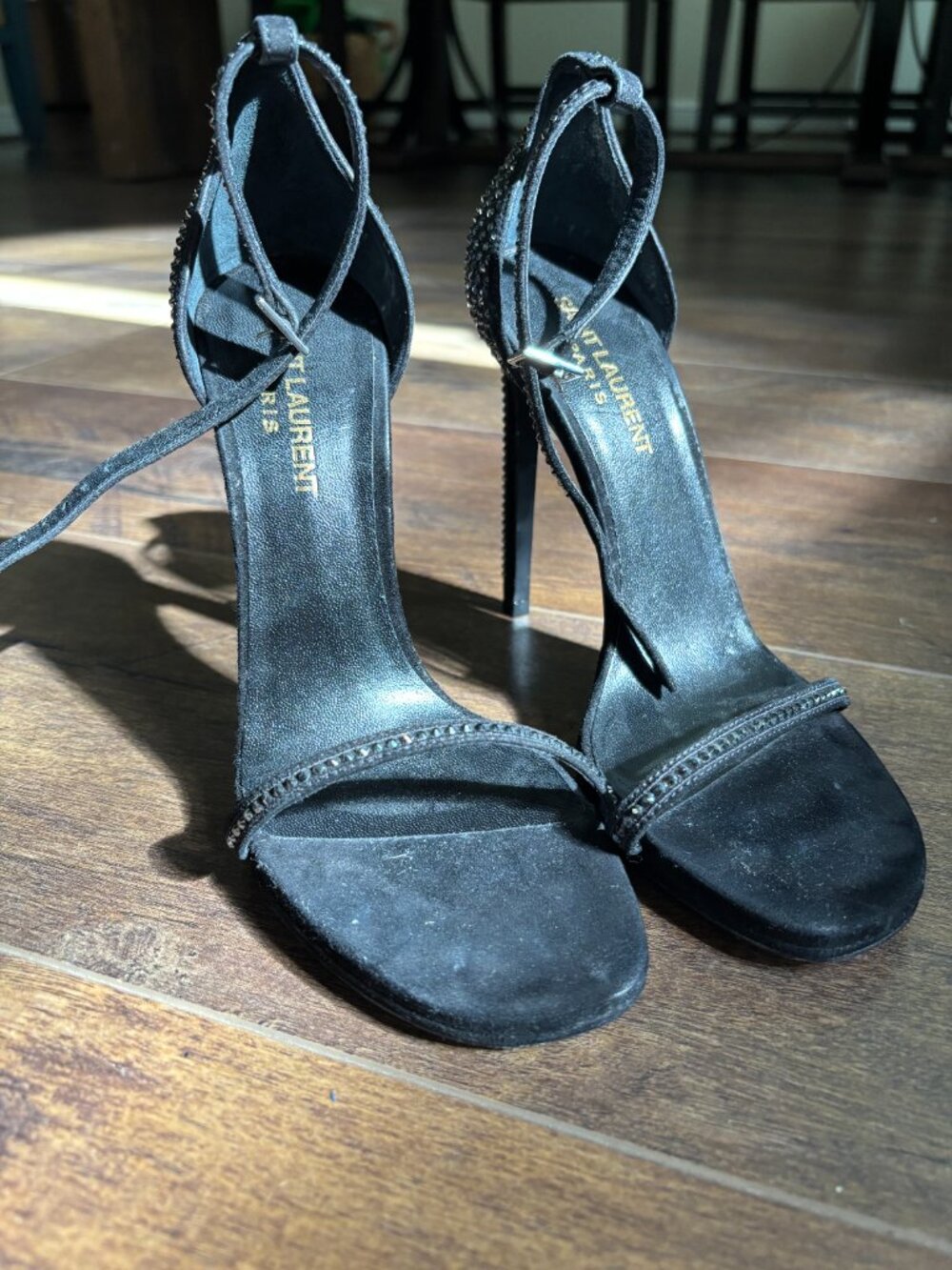 Saint Laurent Jane crystal-studded suede ankle-strap sandals